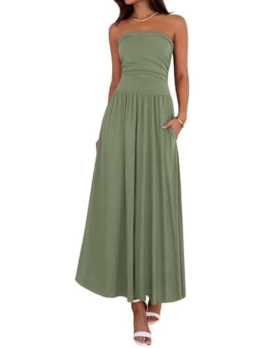 BTFBM Summer Maxi Dresses for Women 2026 Strapless Ruched Tube Top Beach Vacation Spring Wedding Guest Dress Pockets(Green, X-Large) - Image 1