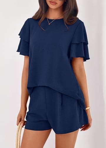 KIRUNDO Two Piece Sets For Women Summer Casual Loose Ruffle Short Sleeve Matching Shorts Sets Beach Vacation Cruise Outfits(Navy, Large) - Thumbnail 5