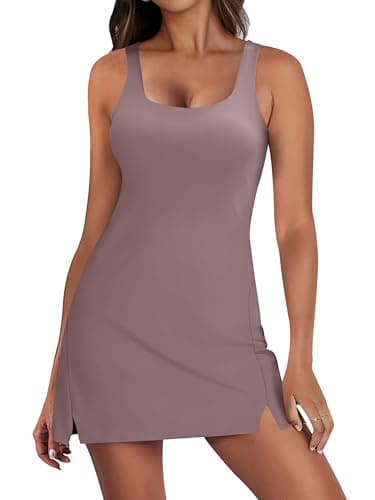 ANRABESS Women's Tennis Dresses Built in Shorts and Bra Summer Sleeveless Athletic Workout Golf Mini Active Romper Dress Purple Brown Medium - Image 1
