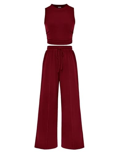 BTFBM Summer Outfits For Women 2026 Cropped Sleeveless Tank Tops Wide Leg Pants 2 Piece Sets Beach Lounge Set Clothing(Wine Red, Medium) - Image 1