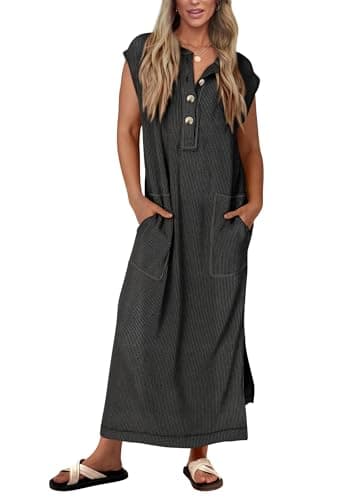 KIRUNDO Womens Summer Dresses 2026 Spring Ribbed Knit Henley Short Sleeve Maxi Dress Button Up Loose Beach Vacation Sundress(Black, X-Large) - Image 1