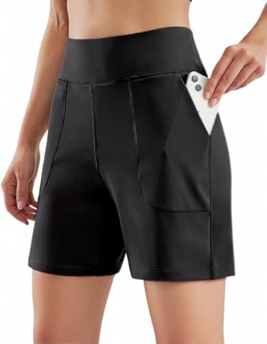 Naimula Women High Waisted Workout Yoga Shorts with Pockets 6" Bermuda Shorts Walking Running Casual Black