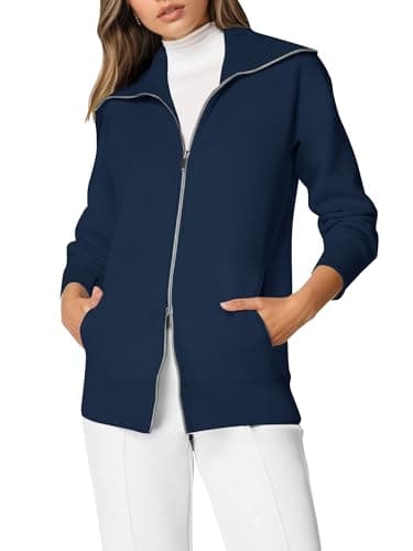 COCOMARTS Womens Crewneck Sweatshirts Zip Up Hoodies Casual Jacket with Pockets 2025 Fall Winter Fahsion Outfits Clothes Navy Blue Large - Image 1