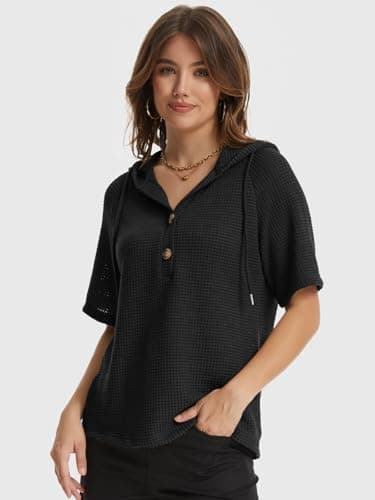 Lallabai Womens Summer Tops Waffle Short Sleeve Loose Sweaters Lightweight Drawstring Hoodies Button V Neck Casual Blouses Black - Thumbnail 4