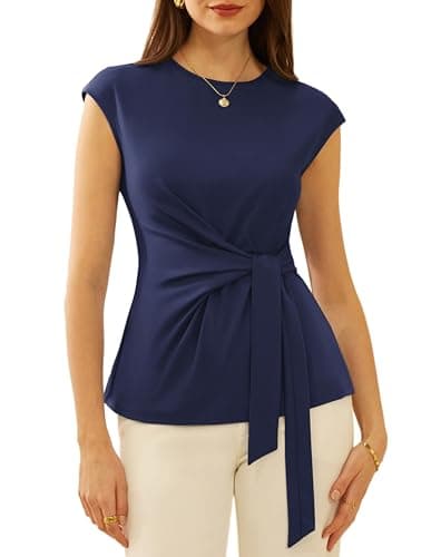 Womens Cap Sleeve Tops Summer Crew Neck Business Blouses Top Navy S - Image 1