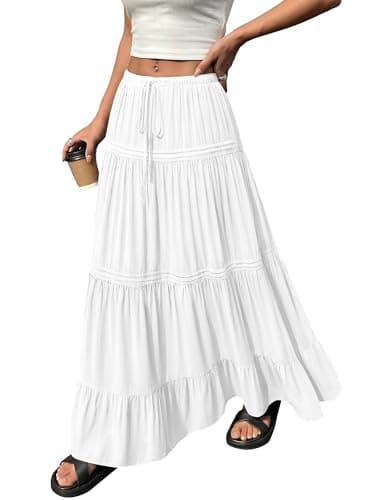 BTFBM Spring Skirts for Women 2026 Summer Boho Beach Vacation Clothes Casual Pleated High Waisted Flowy Maxi Skirt(White, XX-Large) - Thumbnail 2