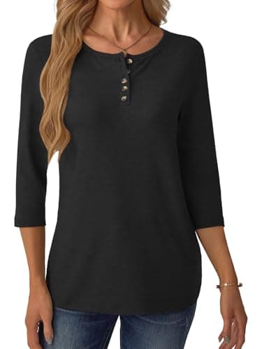 GKBK 3/4 Sleeve Womens Tops Fall Clothes Henley Casual Spring Summer Lightweight Basic Tunic Shirts Black - Thumbnail 4