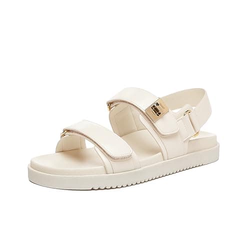 Rihero Women's Flat Sandals Comfort Adjustable Double Strap Slip on Leather Footbed White Sandals with Back Strap Size 9.5 - Image 1