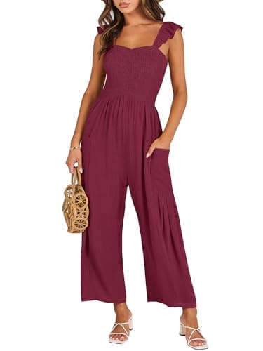 ANRABESS Women Summer Casual Dressy Sleeveless Smocked Wide Leg Linen Jumpsuits Rompers 2026 Trendy Travel Outfit Pocket Deep Red Small - Image 1