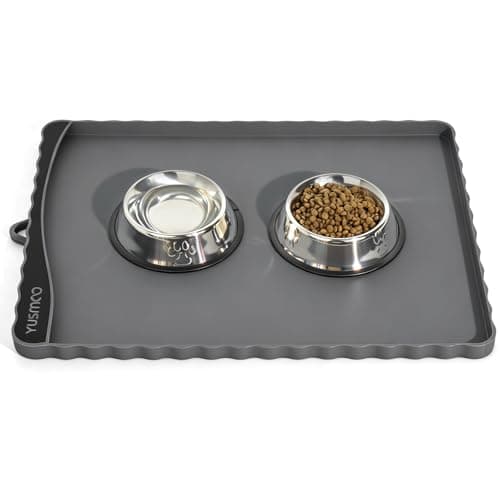 YUSMOO Dog Food Mat 20" x 15", Waterproof Silicone Pet Feeding Mat with Raised Edge & Residue Pocket, Non-Slip Bowl Mat for Dog Cat Food and Water, Easy to Clean Floor Protector