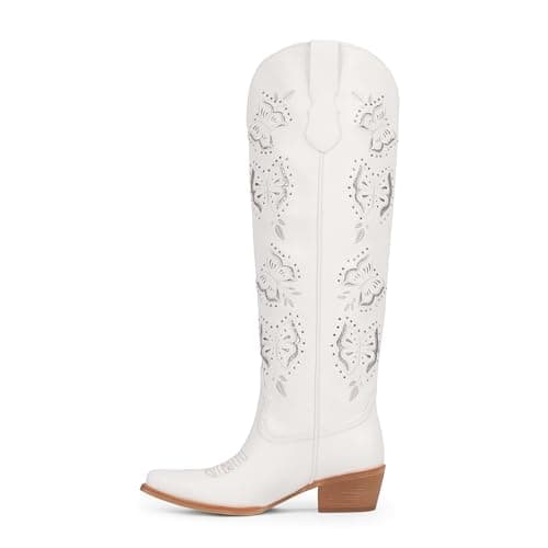 Easyfox Cowgirl Boots Women Rhinestone Embroidered White Cowboy Boots Chunky Heel Glitter Butterfly Knee High Western Boot Slip on Pointed Toe Block Heel Cow Girl Boot Size 9 - Image 1