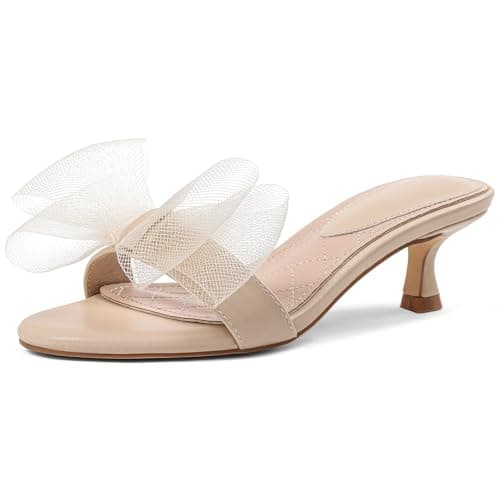 Tarkwa Kitten Heels for Women Open Round Toe Low Heels Sexy Vintage Mules with Bow Slip On Backless Heeled Sandals, Fashion Dress Shoes for Daily, Weeding, Party, Casual Beige 6 - Thumbnail 4