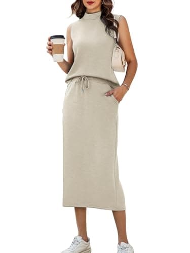 Casly Lamiit Womens Two Piece Set Summer Lounge Airport Outfits Knee Length Skirts Sets with Pockets Vacation Clothes Dark Beige 2XL - Image 1