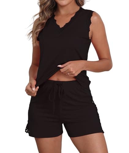 COSSEN Pajama Sets For Women 2 Piece Black Medium Sleeveless Soft Loose Fit Cute Teen Comfy Lounge Casual V Neck Girls' Summer Sleepwear Tops and Shorts PJS with Pockets - Image 1