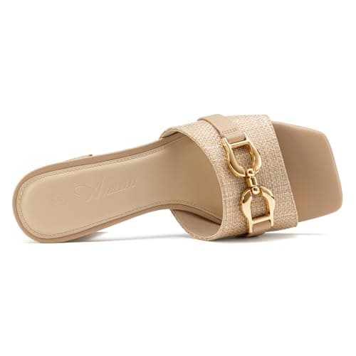 Athlefit Raffia Heeled Sandals for Women Mules Square Peep Toe Chunky Block Heels Slip On Comfortable Casual Slide Sandals Natural Size 10 - Thumbnail 6