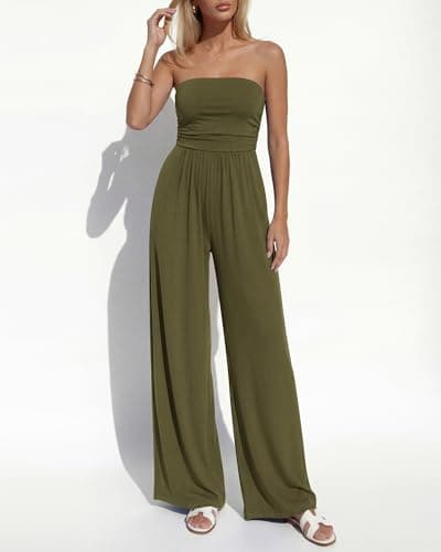 BTFBM Jumpsuits For Women Summer 2026 Beach Vacation Strapless Tube Top Jumpsuit Ruched Casual Wide Leg Pant Rompers(Army Green, Small) - Thumbnail 6