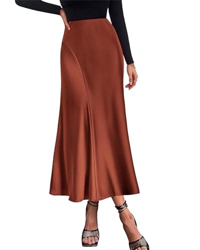 KIRUNDO Women Spring Summer Satin Maxi Skirt 2026 Trendy High Waisted Wedding Cocktail Party Work Silk A-Line Formal Skirts(Brown, Small) - Image 1