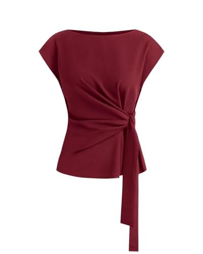 BTFBM Womens Tops Summer 2026 Cap Sleeve Crew Neck Tie Waist Blouses Dressy Casual Business Work Clothes Spring Fashion(Red, X-Large) - Image 1