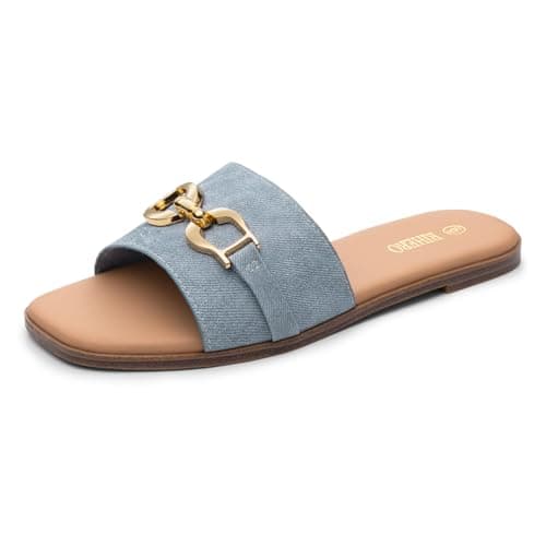 Rihero Flat Sandals for Women Dressy Square Peep Toe Summer Slides Comfortable Slip On Blue Sandals with Metal Chain Size 8 - Image 1