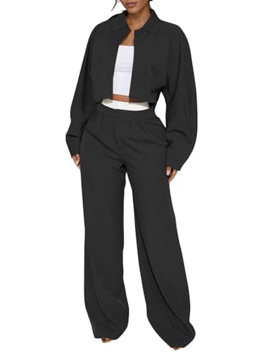 EXLURA Womens 2 Piece Outfits Long Sleeve Zip Up Crop Jackets Long Wide Leg Pant Suits Spring Airport Travel Matching Sets - Image 1