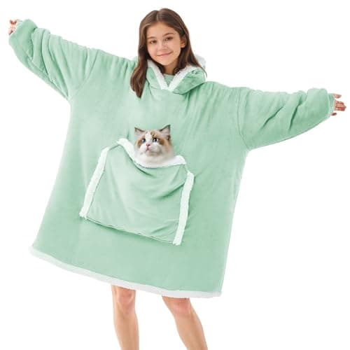 JOYWOO Green Wearable Blanket Hoodie,Oversized Cat Lovers Sweatshirt Blanket for Adult & Teens, Birthday Gifts for Women Men Mom Girl Boys,Cozy Sherpa Fuzzy Blanket Giant Pocket Gifts,Sage green Small - Image 1