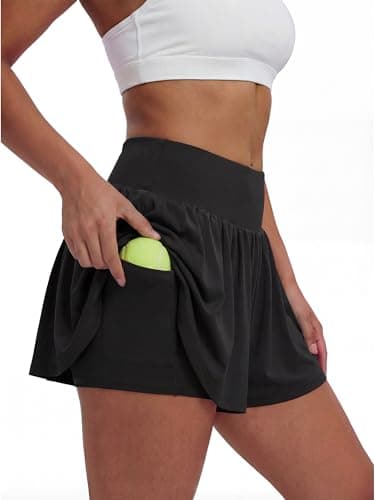 Stelle Women 2 in 1 Running Shorts Flowy Athletic Short High Waisted Workout Tennis Gym Short with Liner Pockets (Black, L) - Thumbnail 3