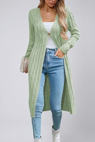 Cakulo Womens Long Cardigans Cable Knit Chunky Cardigan Sweaters Open Front Fall Winter Fashion Outfits Coats 2025 Green XL - Thumbnail 5