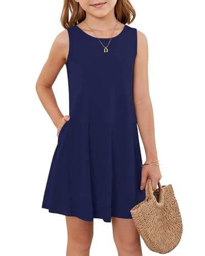 Girls Sleeveless Summer Dress Kids Crewneck Casual Mini Floral A Line Beach Sundresses with Pockets 5-14 Years Navy Blue S - Image 1