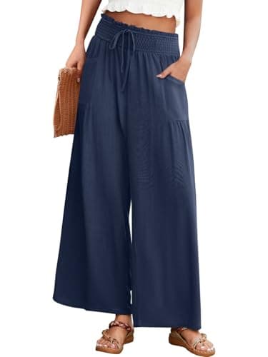 JUYUEO Women Linen Pants Wide Leg Casual Drawstring Elastic Waist Palazzo Beach Loose Pants with Pocket Navy Blue L - Image 1