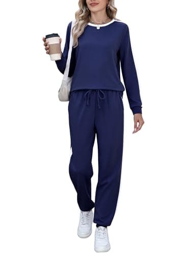 Marvmys Women Crew Neck Sweatsuits Long Sleeve Track Suits Color Block Travel Outfits Jogging Set Navu Blue XXL - Image 1