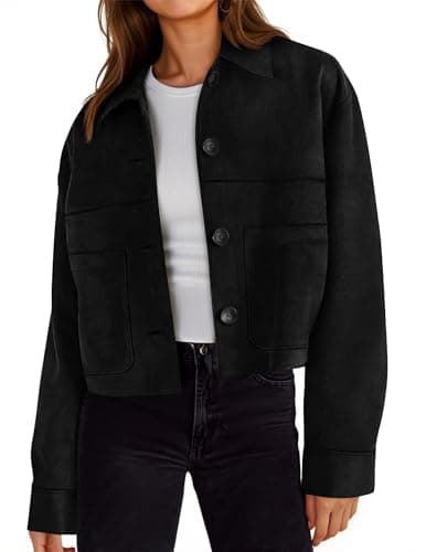 Tankaneo Womens Cropped Faux Suede Leather Jackets Lapel Collar Button Down Short Coats Fall Winter Vintage Trendy Shackets - Image 1