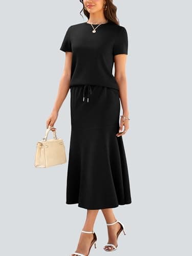 Casly Lamiit Womens 2 Piece Sets Casual Short Sleeve Travel Outfits Matching Midi Skirt Set with Pockets School Teacher Outfits M - Thumbnail 3