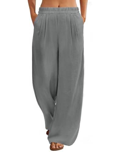 FireSwan Linen Pants Women Wide Leg Palazzo Pants Flowy Elastic Waist Summer Beach Casual Trousers with Pockets(Grey M) - Image 1