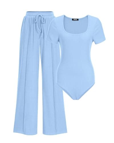 BTFBM Womens Spring 2 Piece Outfits 2026 Summer Square Neck Short Sleeve Drawstring Pants Knit Lounge Matching Sets(Light Blue, Medium) - Image 1
