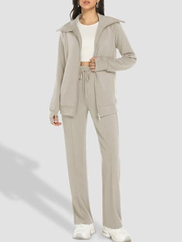 Casly Lamiit Womens 2 Piece Sweatshirt Lounge Sets Casual Long Sleeve Double Zipper Sweatsuit Athletic Jogging Outfits Travel Tracksuit Dark Beige XL - Thumbnail 3