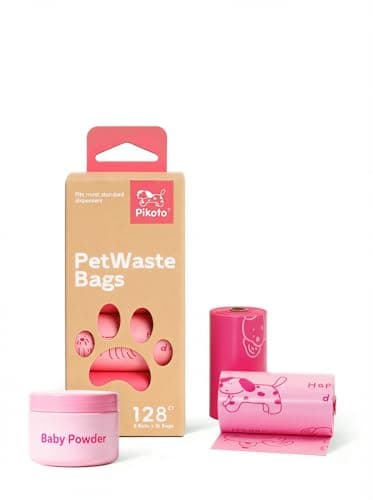 Pikoto Dog Poop Bags Rolls, 128 Count (8 Refills) - 60% Recycled Plastic Baby Powder Scented - Leak Proof, Extra Thick Waste Bag with Easy-Peel Sticker (Pink) - Image 1