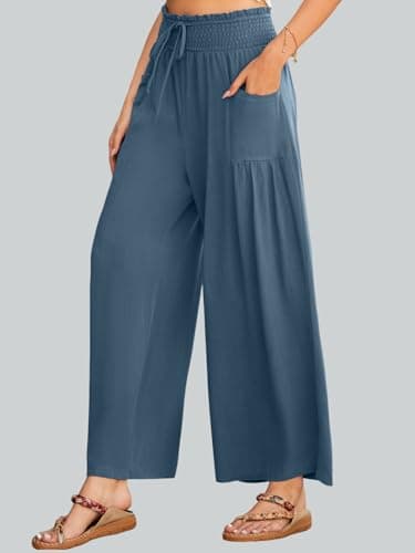 JUYUEO Womens Linen Summer Wide Leg Palazzo Pants High Waist Casual Loung Pant Beach Travel Vacation Harem Pants with Pockets Grey Blue - Thumbnail 4
