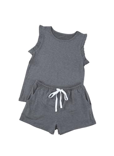 blibean Girls Summer Clothes Set Ruffle Sleeveless Matching Outfits Tween Kids Short Sleeve Solid Tee Shirts Clothing Pocket Tops Pants Size 4-5 Year Old Grey - Image 1