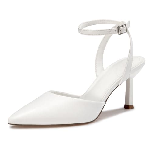 Athlefit Women's Closed Pointed Toe 3 Inch High Heels Ankle Strap Stiletto Heel Wedding Party Dress Pumps Shoes, White Size 9,SAPU2602W - Image 1