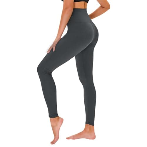 High Waisted Leggings for Women - No See Through Tummy Control Cycling Workout Yoga Pants with Pockets Reg & Plus Charcoal Grey - Image 1