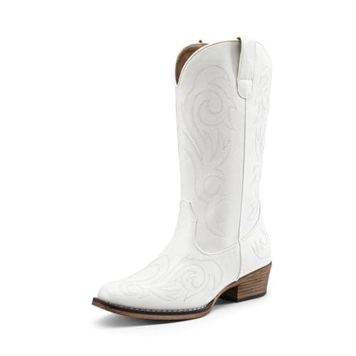 DREAM PAIRS Women's Cowboy Boots Mid Calf Cowgirl Boots Square Toe Chunky Heel Embroidery Stitched Western Boots,Size 7,White,SDMB2403W - Image 1