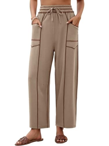 grewley Womens Linen Barrel Pants Baggy Wide Leg Pants Summer Palazzo Drawstring Waist Pants with Pockets Casual Khaki XXL - Image 1