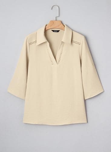 Dokotoo Womens Tops Short Sleeve Shirts V Neck Dressy Casual Blouses Solid Color Lace Tops Business Casual Outfits Spring Summer Tops,Apricot Medium - Thumbnail 5