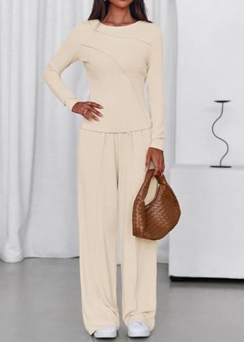Lazysmile Lounge Sets For Women 2 Piece Sets Fall Outfits Long Sleeve Tops with Wide Legs Pants Casual Matching Set - Thumbnail 4