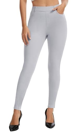 AVAMO Work Pants Women Stretchy Pull On High Waisted Dress Pants Skinny Leggings with Pockets Business Office Teacher Yoga Light Grey - Image 1