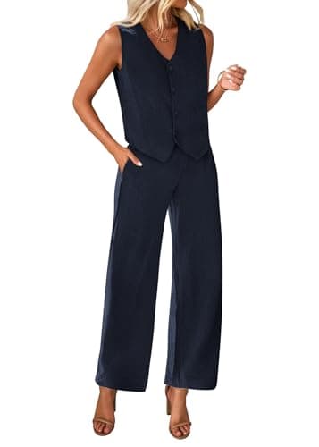 KIRUNDO Two Piece Outfits for Women Summer Sets 2026 Trendy Button Crop Vest Wide Leg Pantsuit Matching Set Spring Fashion Clothes(Navy, Large) - Image 1