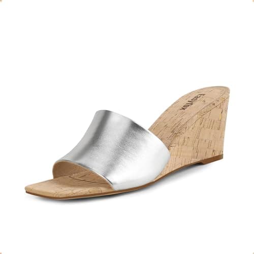 Easyfox Silver Wedge Sandals for Women Open Toe Slip on Wedge Heels Square Toe Heeled Sandal Summer Dressy Sandal Size 9.5 - Image 1