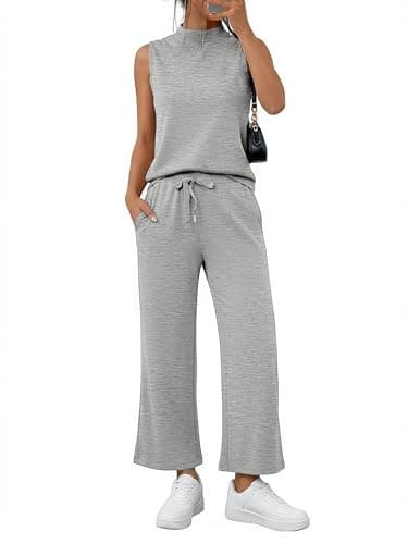Casly Lamiit 2 Piece Outfits for Women Mock Neck Wide Leg Pant Sets Casual Summer Airport Travel Outfit Vacation Lounge Matching Set Grey 2XL - Image 1