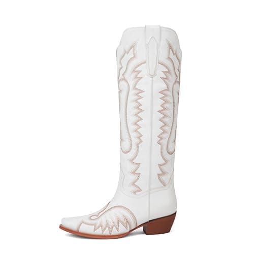 Easyfox Cowboy Boots for Women Knee High White Cowgirl Boots Square Toe Chunky Heel Embroidery Western Boots Womens Size 9.5 - Thumbnail 6