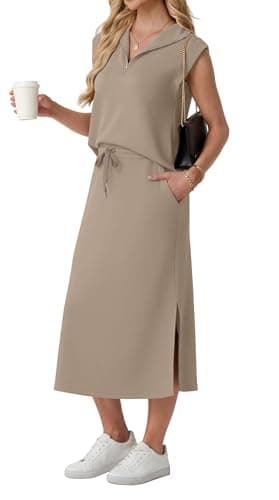 Lepunuo Womens 2 Piece Skirt Sets Summer Half Zip Lapel Tops Business Casual Split Midi Dress Lounge Set - Image 1